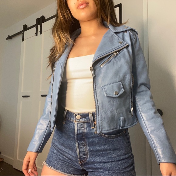 Zara Jackets & Blazers - Zara Women’s Baby Blue Cropped Leather Jacket